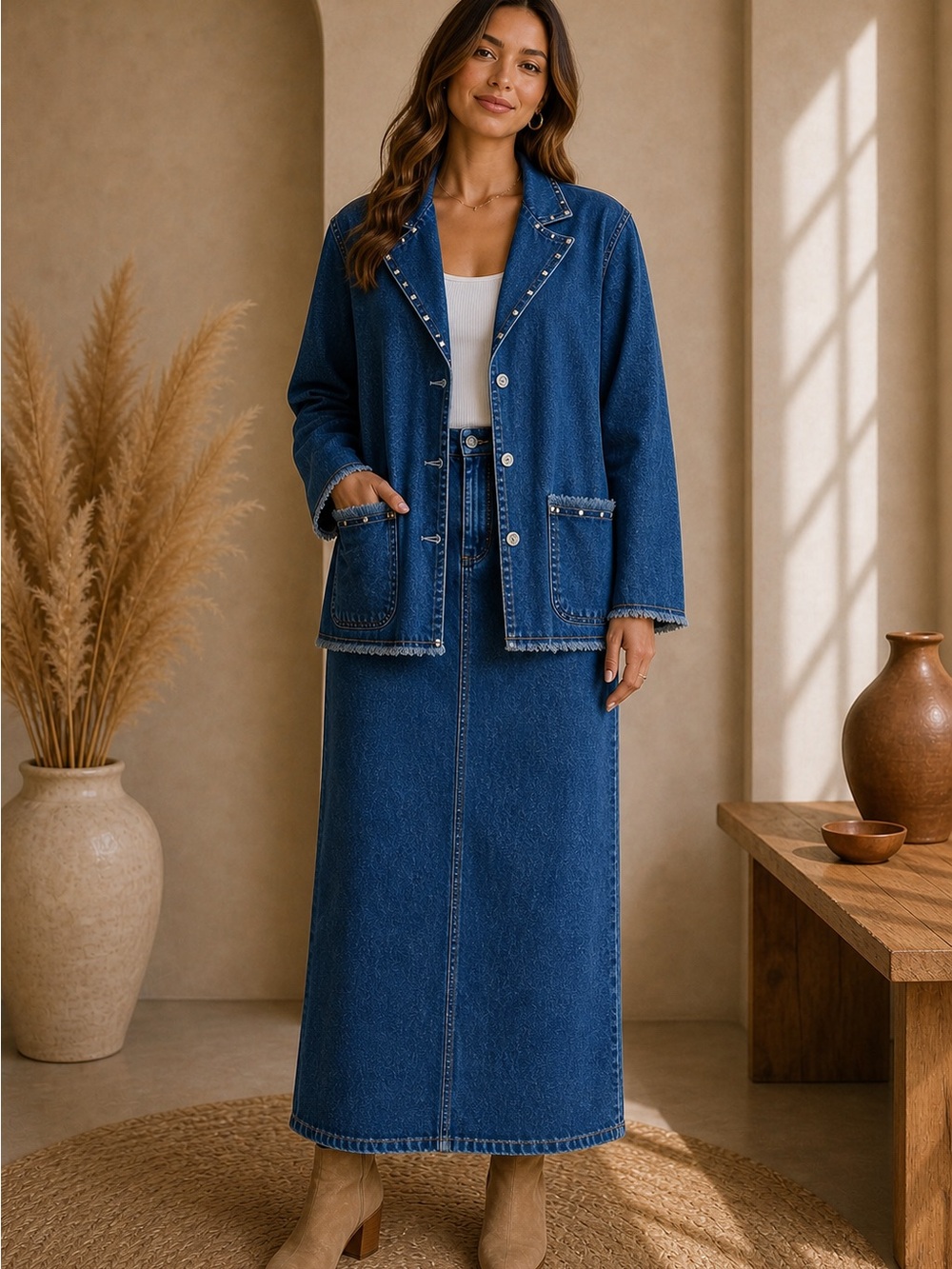 CERVELLE Vintage Denim Jacket Skirt Set Studded Frayed Hem Boho Western Large